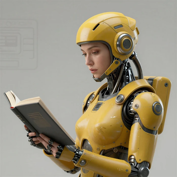 Futuristic female robot in yellow armor reading a book in a minimalist setting