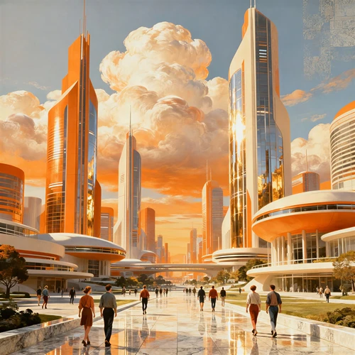 Retro futuristic city with orange modern architecture and people walking