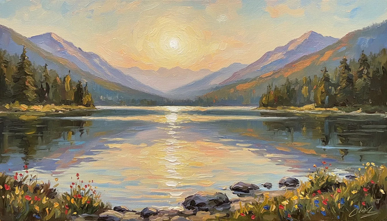 A mountain lake landscape generated in an impressionist oil painting style