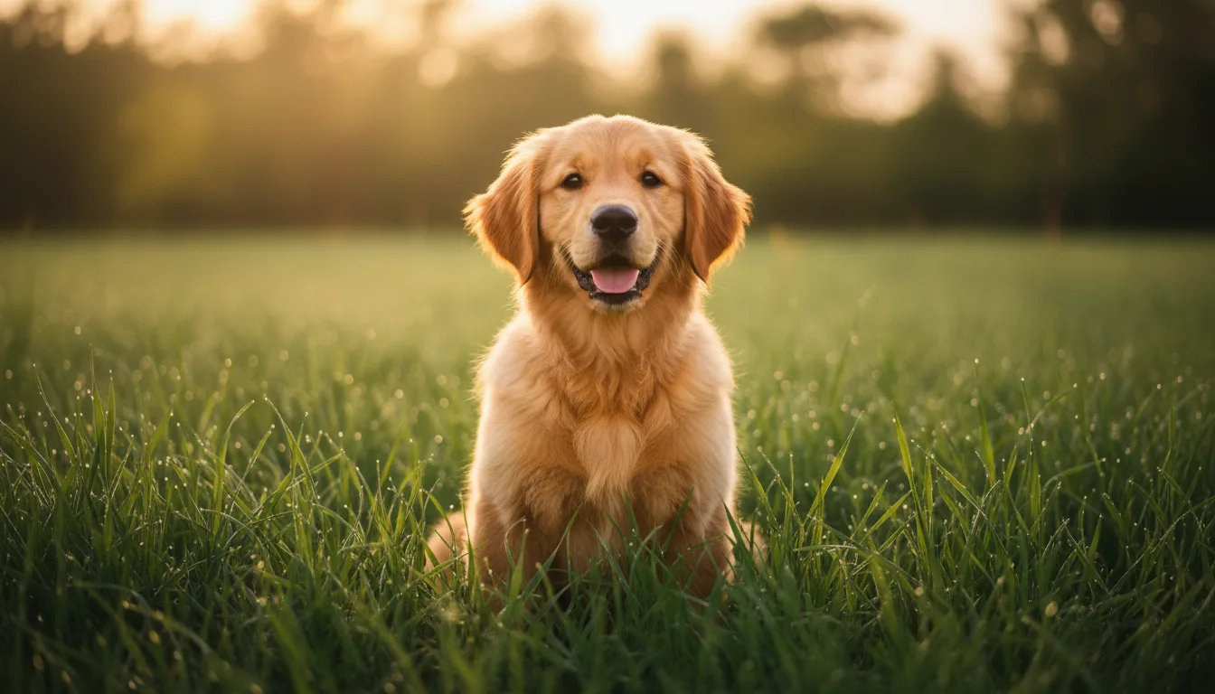 A vibrant AI-generated photo of a golden retriever puppy in warm golden-hour light