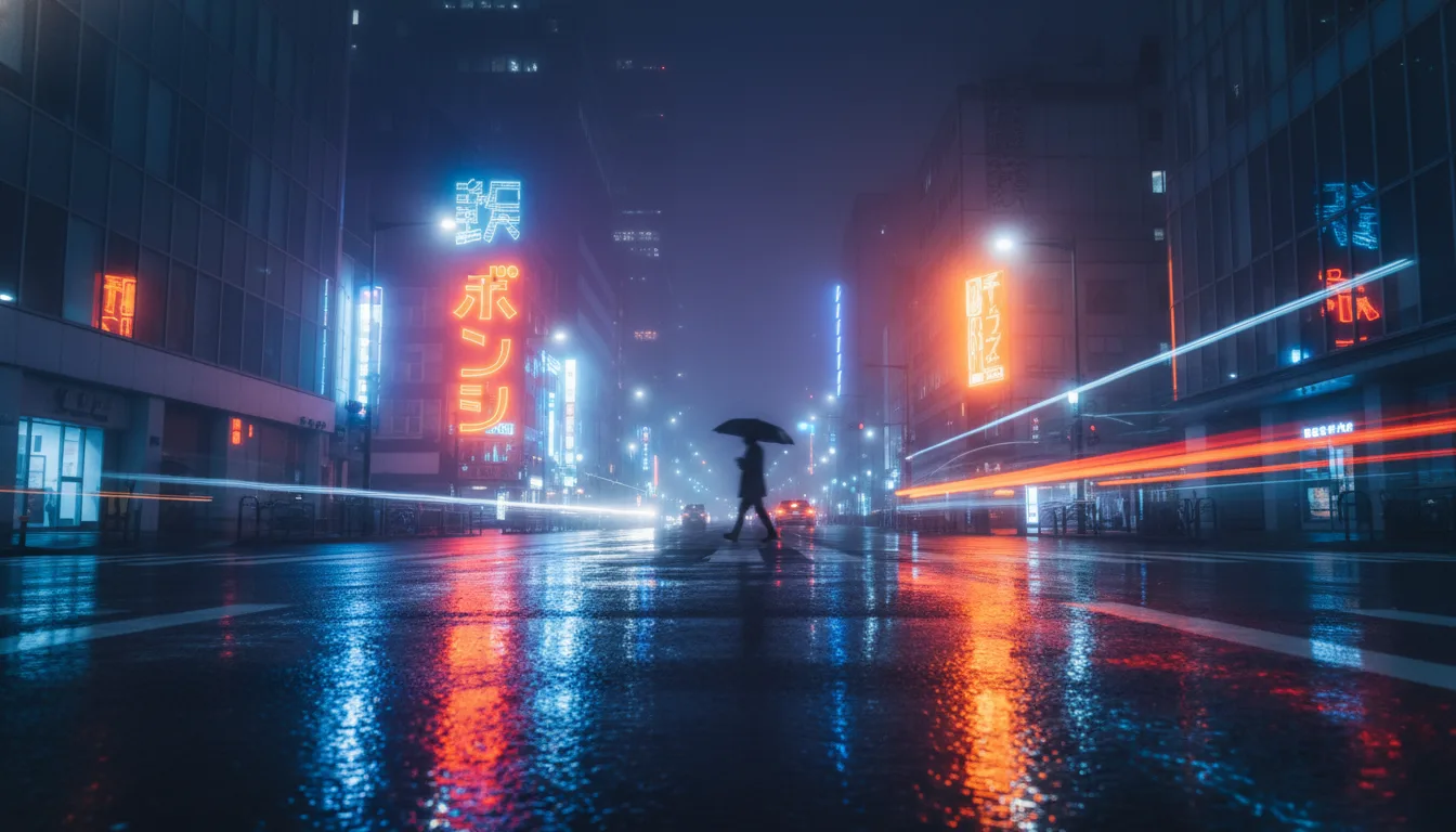 A moody AI-generated photo of a neon city street at night