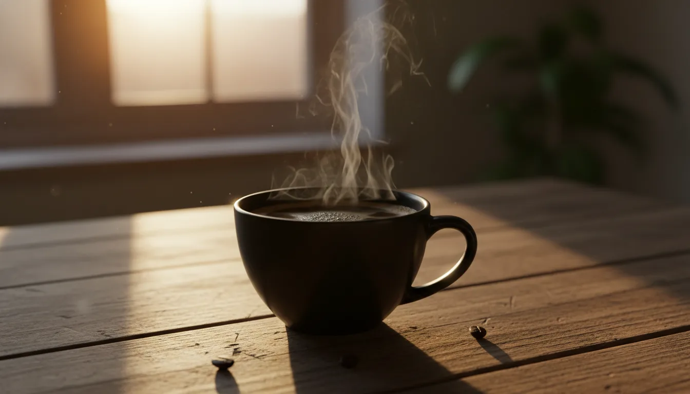 A cinematic shot of a steaming cup of coffee in warm morning light