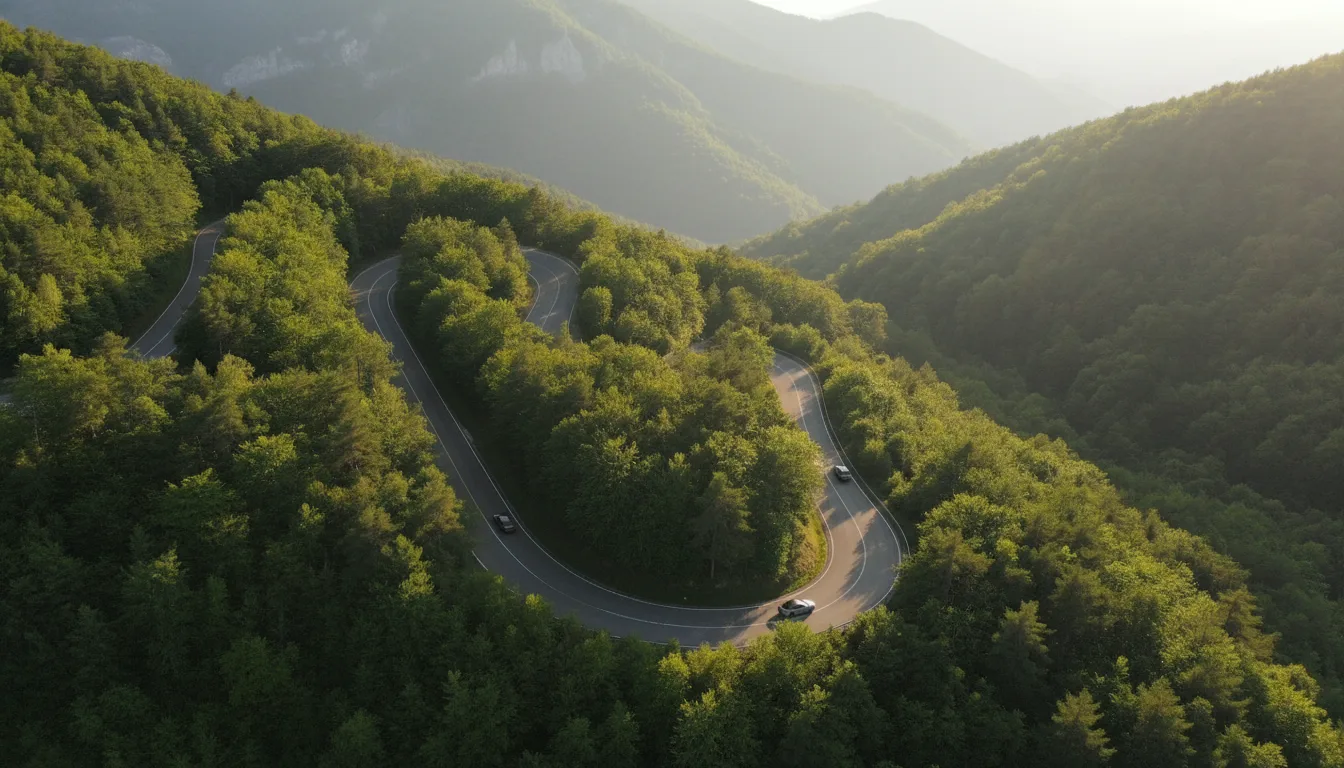 A cinematic aerial shot of a winding mountain road through a forest