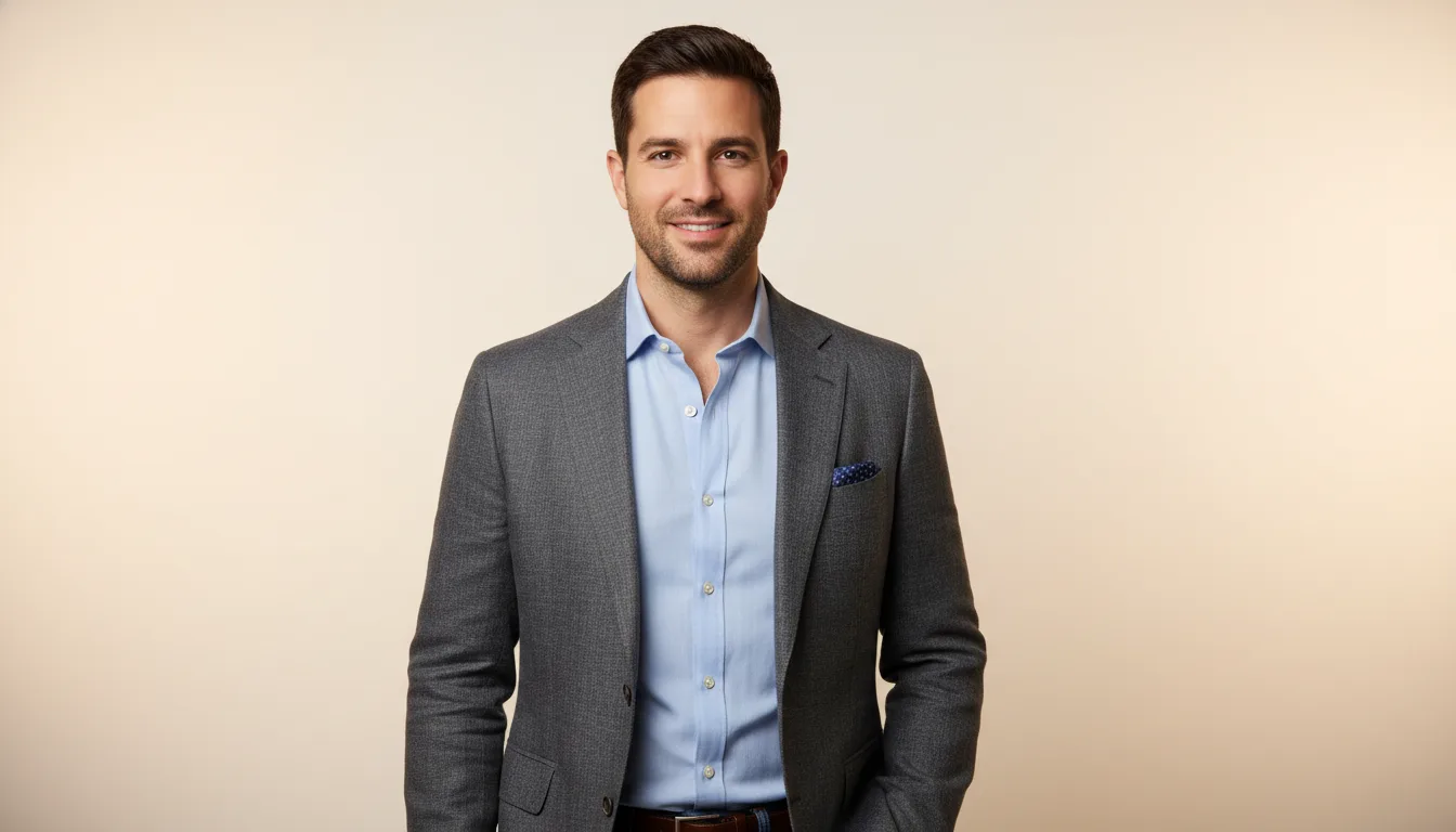 A studio portrait of a man in a smart-casual outfit