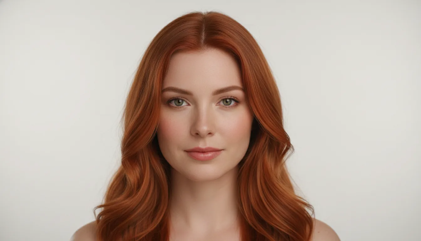 A portrait of a woman with vivid copper-red hair