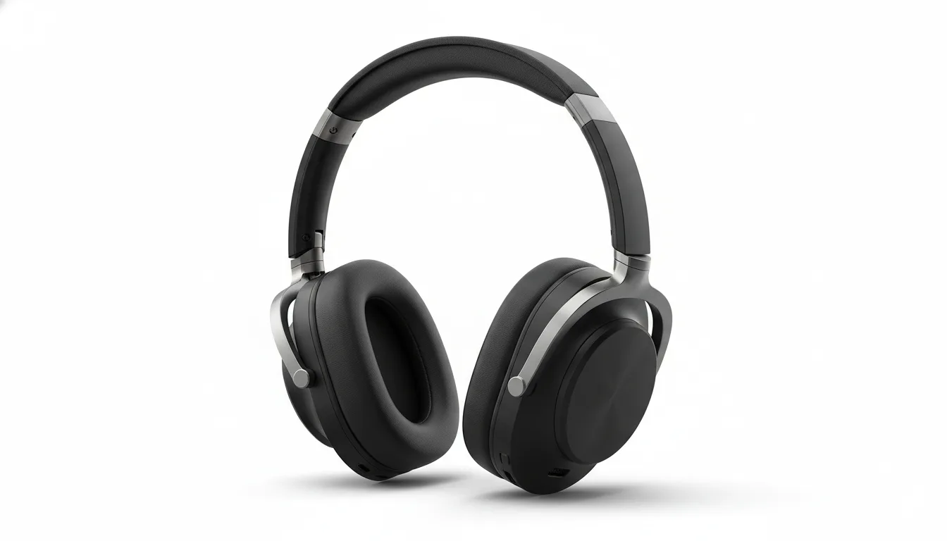 A pair of black headphones isolated on a pure white background