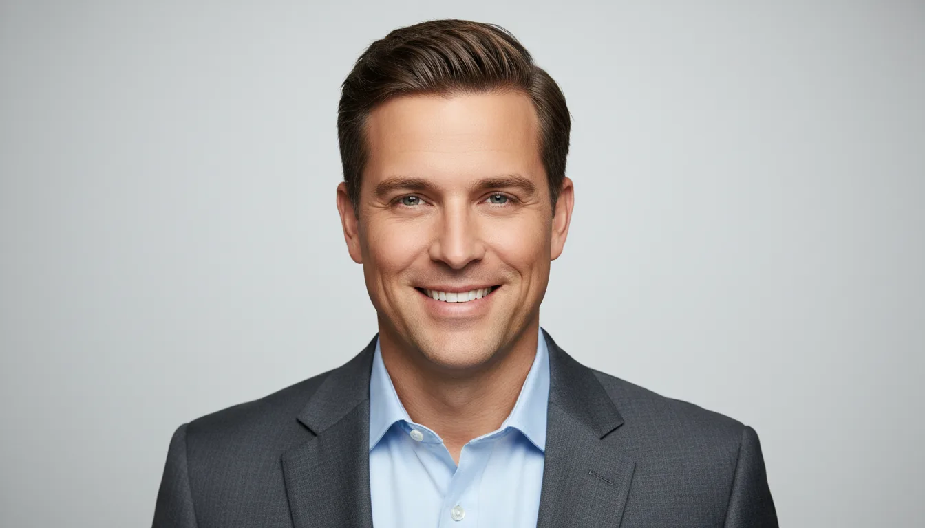 A professional studio headshot of a man in a grey blazer