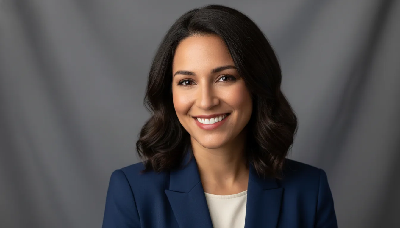 A professional studio headshot of a smiling woman in a blazer