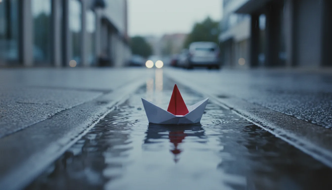 A cinematic shot of a paper boat floating down a rain-filled gutter