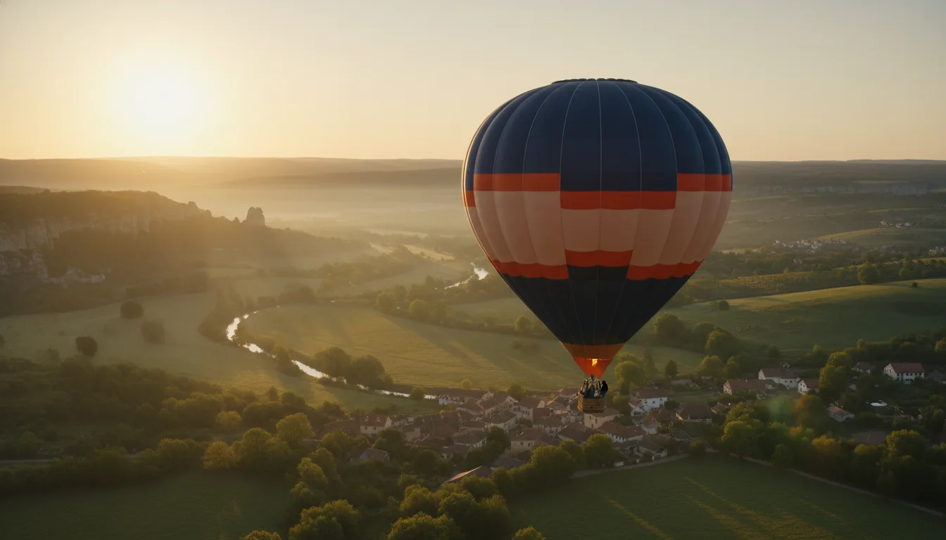 A cinematic shot of a hot air balloon over a valley at sunrise