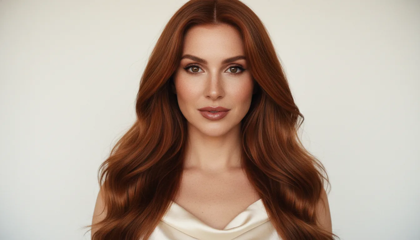 A beauty portrait of a woman with long wavy auburn hair