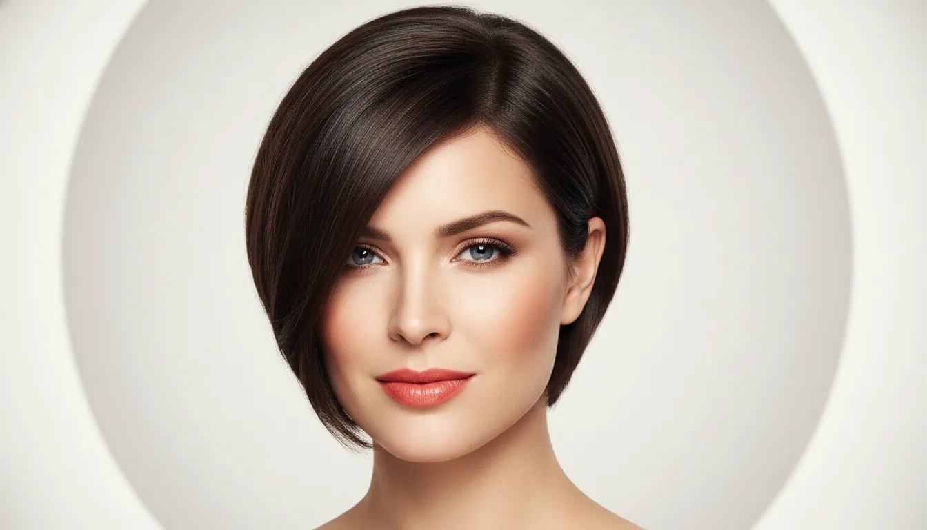 A beauty portrait of a woman with a short modern bob haircut