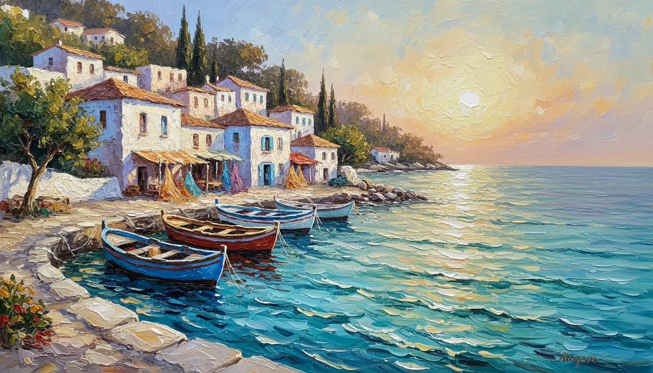 An AI oil painting of a coastal village with fishing boats