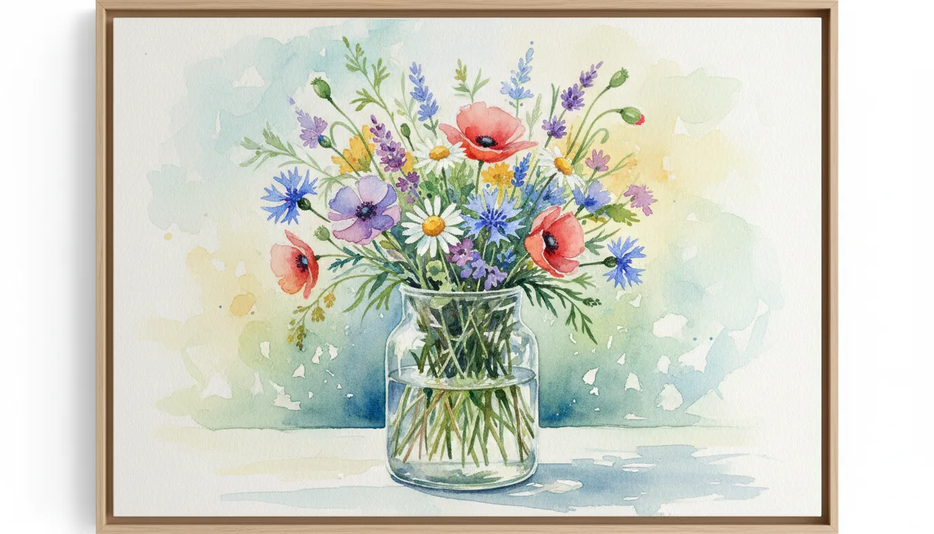 A soft watercolor painting of a vase of wildflowers