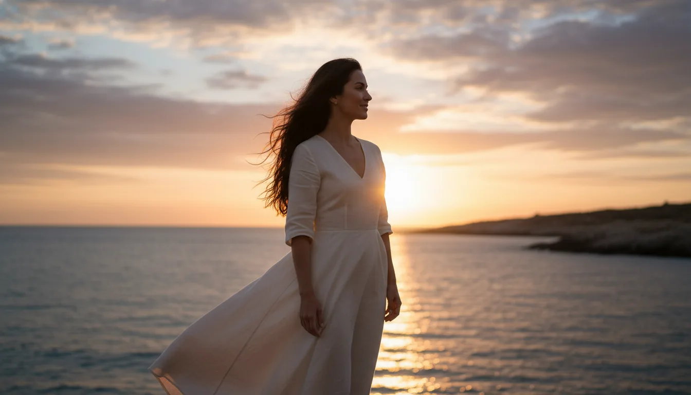A cinematic portrait of a woman by the sea with her hair blowing in the wind