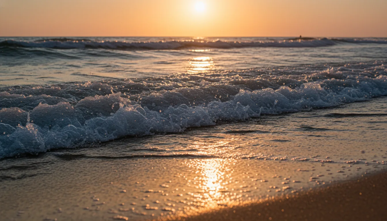 A cinematic close-up of ocean waves rolling onto a beach at golden hour