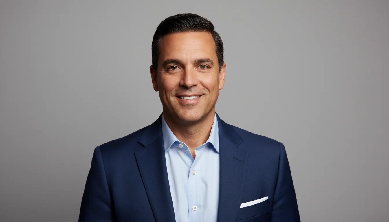 A man in a navy blazer dressed for a professional headshot