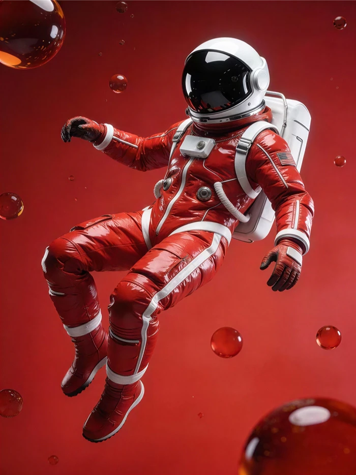 Futuristic astronaut floating in zero gravity wearing a red space suit