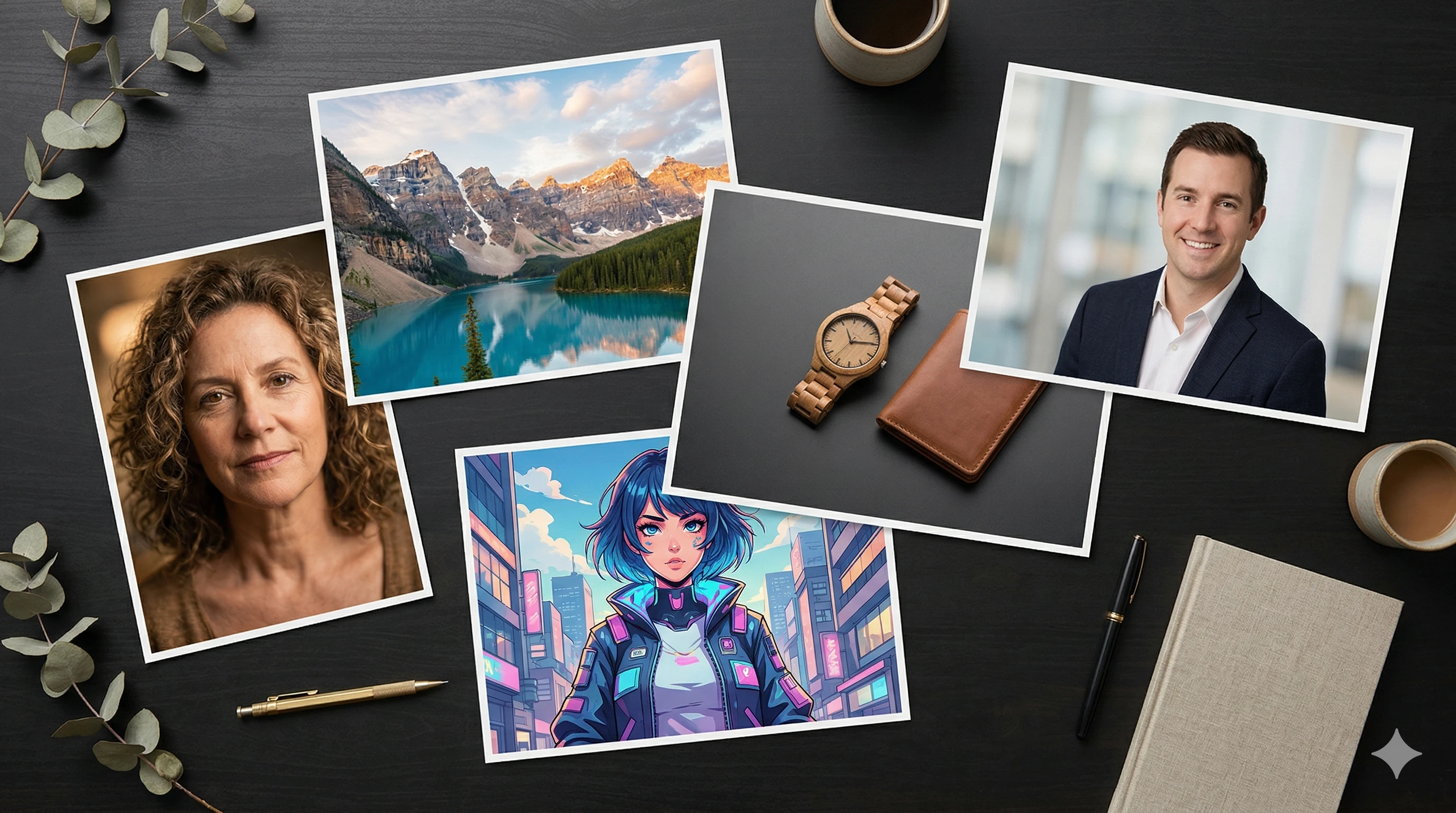Flat-lay photo collage showing AI-generated portraits, landscapes, anime art, and product photos from Free AI Generator