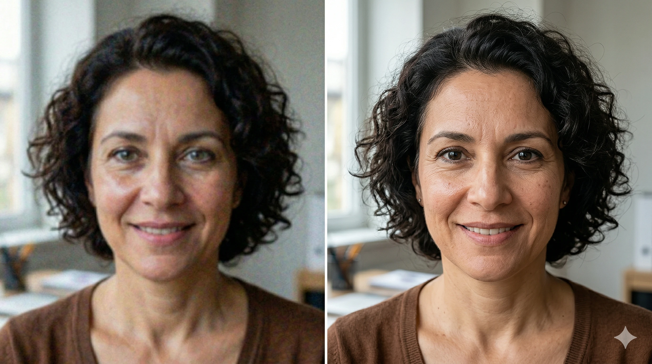 AI image quality comparison — portrait showing natural skin tones and sharp detail before and after AI enhancement