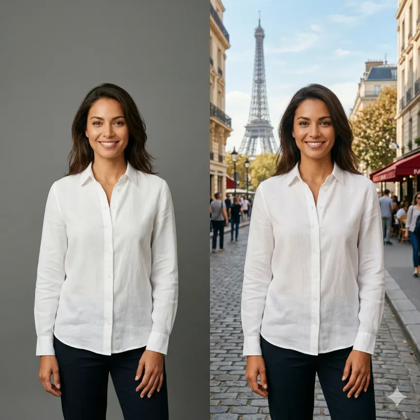 AI Background Replacer — woman in gray studio vs same photo with Paris Eiffel Tower background