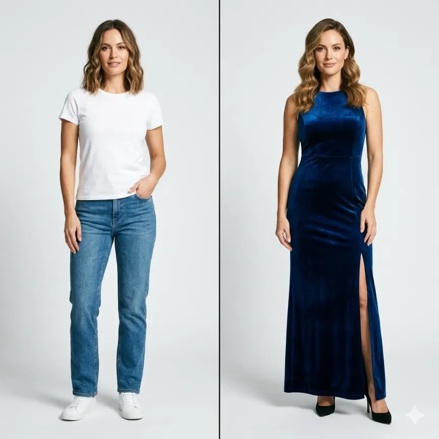 AI Clothes Changer — woman in casual outfit vs elegant evening gown side by side