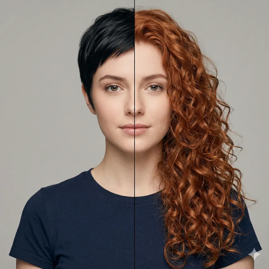 AI Hairstyle Changer — before short bob vs after long blonde waves