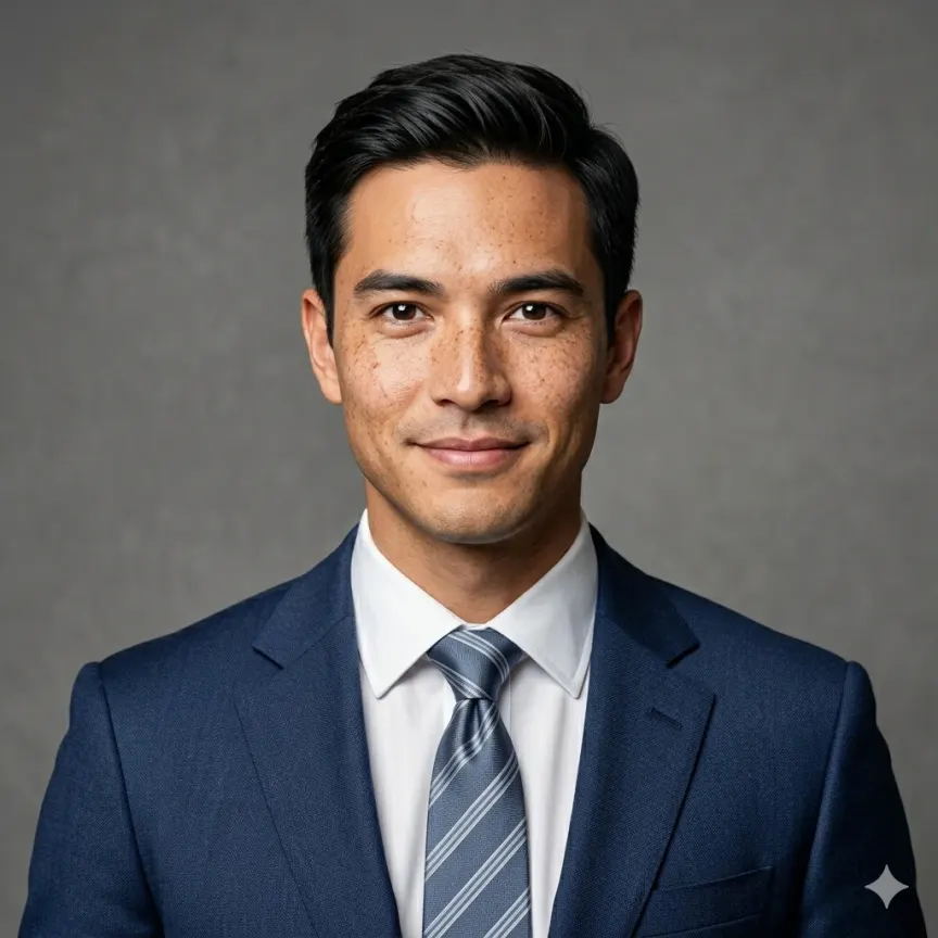 AI Headshot Generator — man in navy suit, clean studio professional portrait