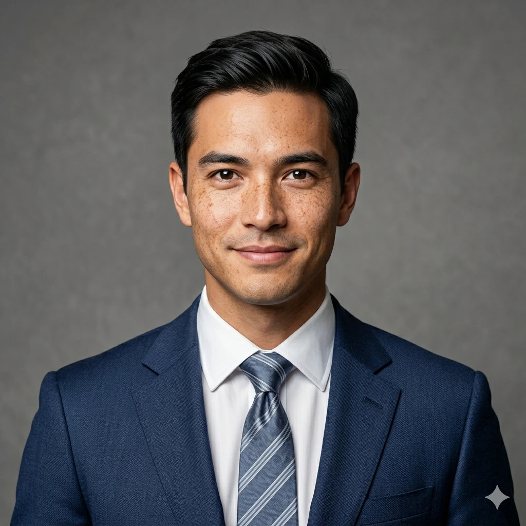 AI Headshot Generator — man in navy suit, clean studio professional portrait