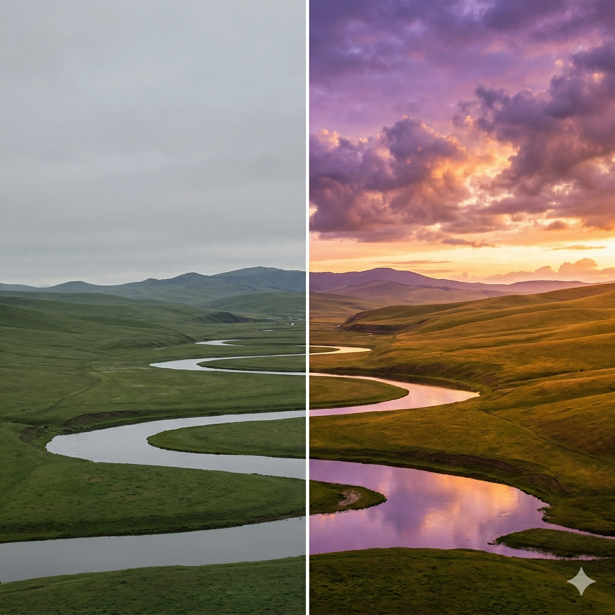 AI Image Editor — text input prompt with dramatic purple sky and rolling hills result