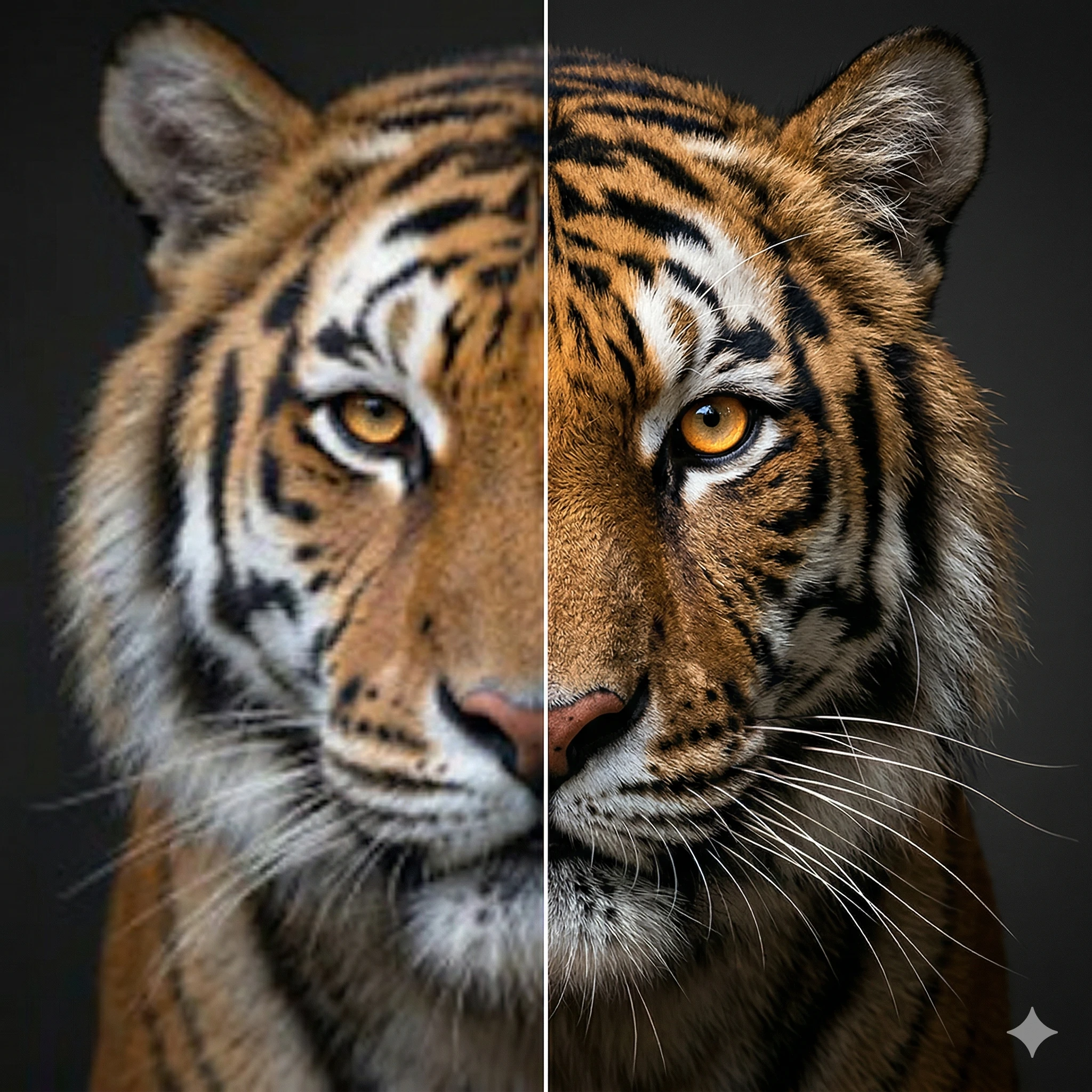 AI Image Upscaler — split comparison of mountain lake from low resolution to 4K