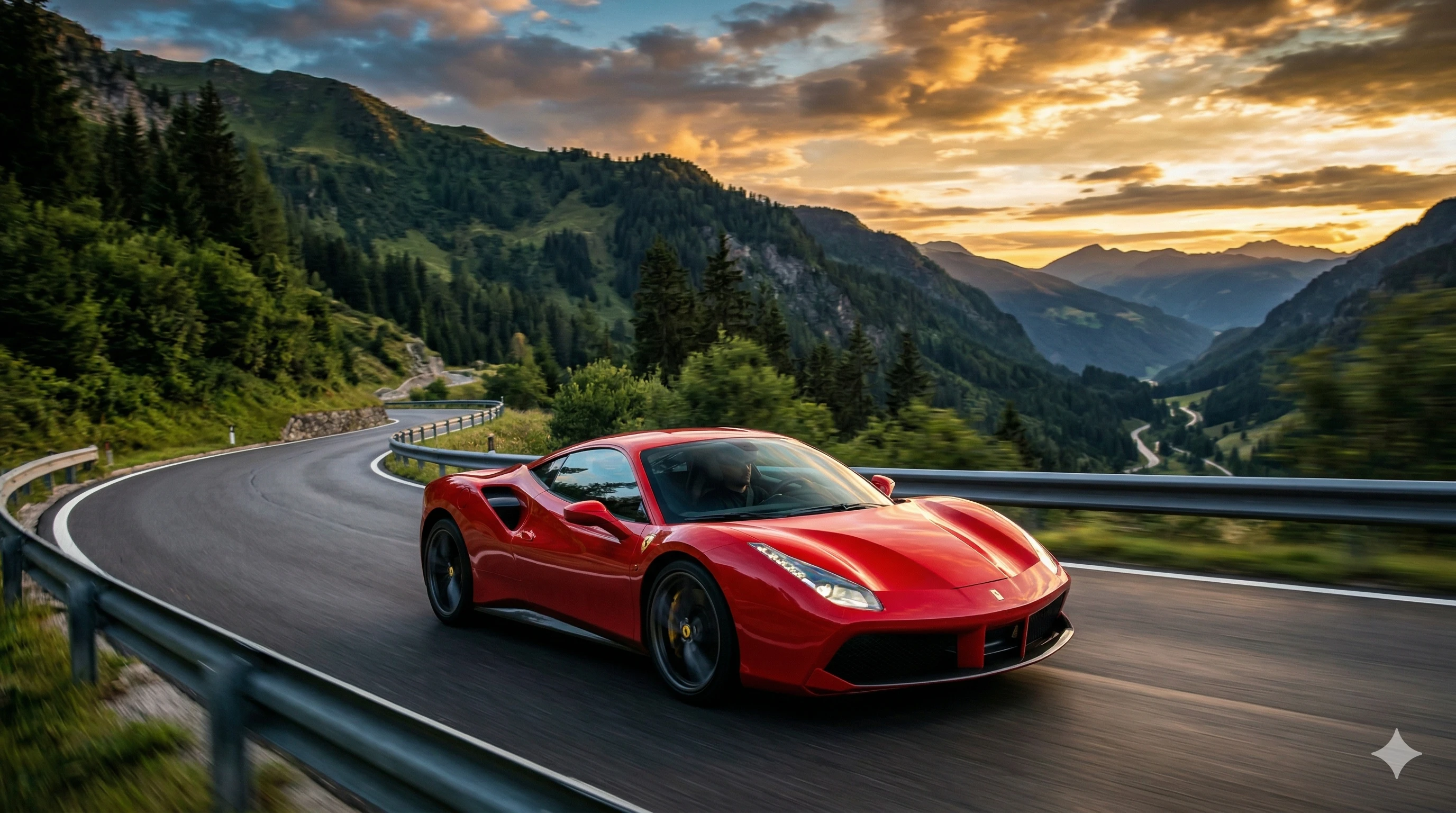 AI-generated red Ferrari 488 driving on a mountain road at golden sunset
