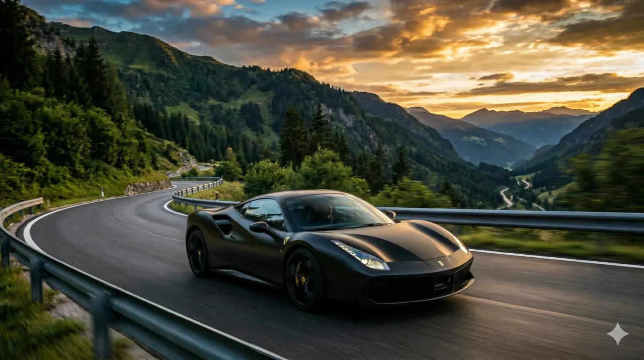 Same Ferrari recolored from red to matte black using AI Image Editor