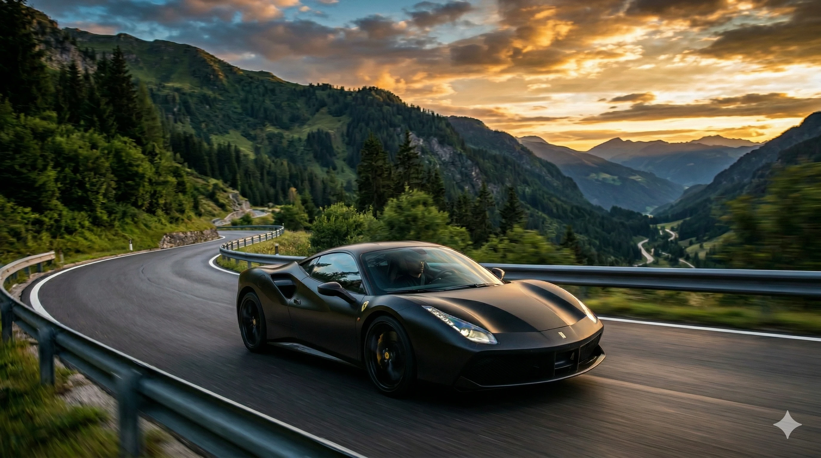 Same Ferrari recolored from red to matte black using AI Image Editor