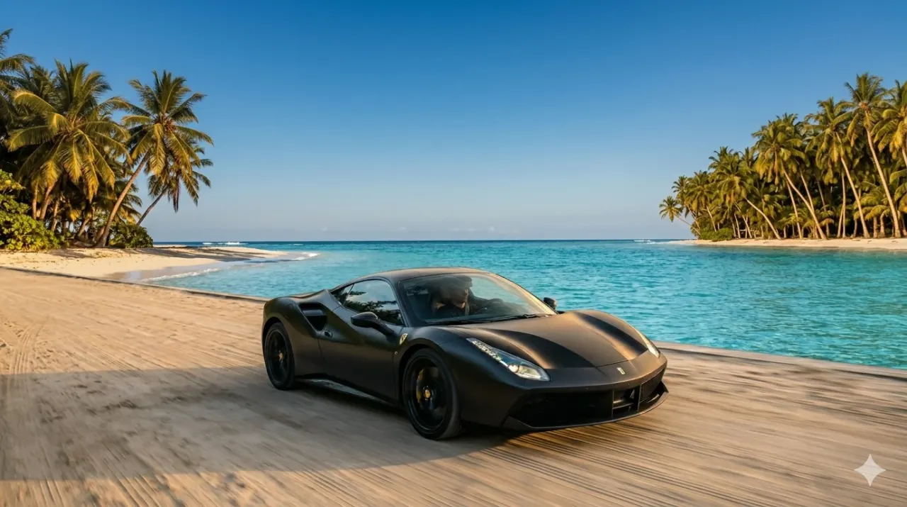 Same black Ferrari with background replaced to a beach coastal road