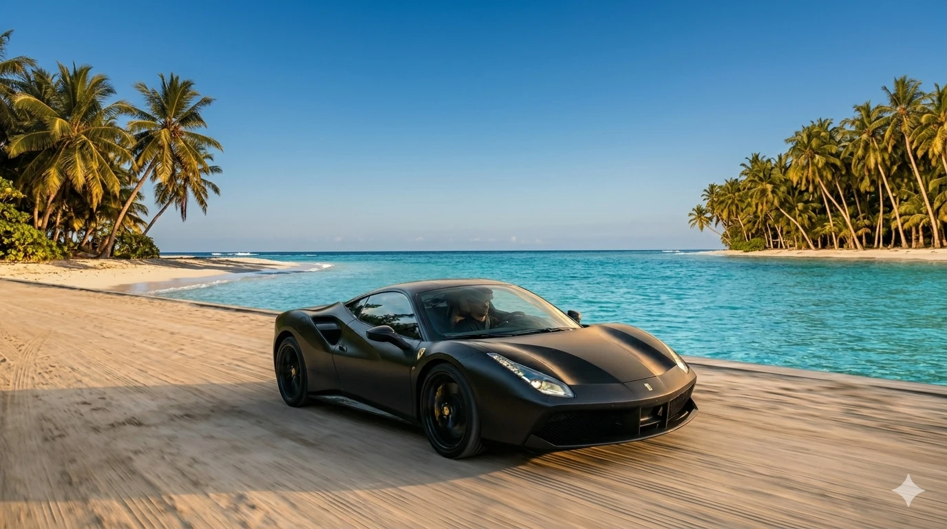 Same black Ferrari with background replaced to a beach coastal road