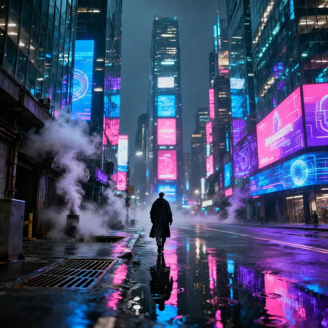 AI-generated lone figure walking through a rainy cyberpunk city street with neon billboards