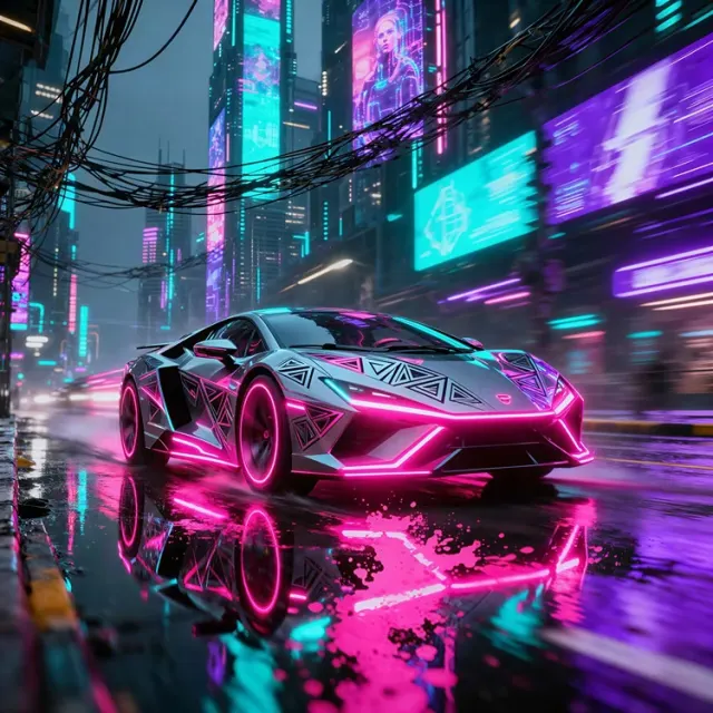 AI-generated cyberpunk neon supercar driving through a futuristic city at night