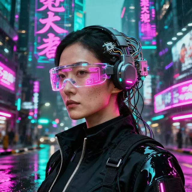 AI-generated cyberpunk woman wearing an augmented reality visor in neon city