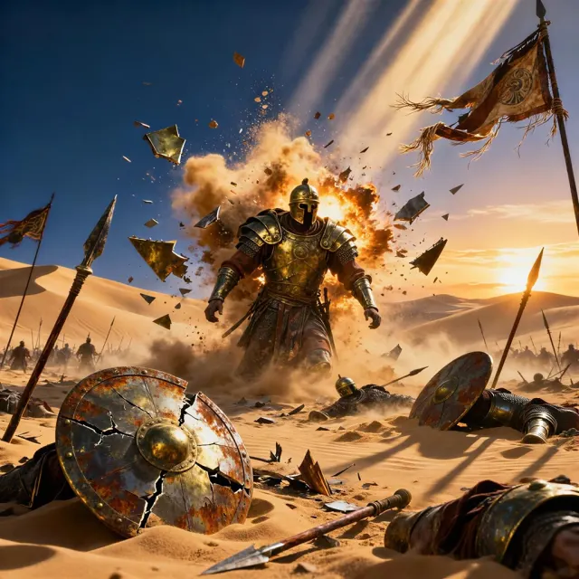 AI-generated epic armored warrior walking through an explosion on a desert battlefield