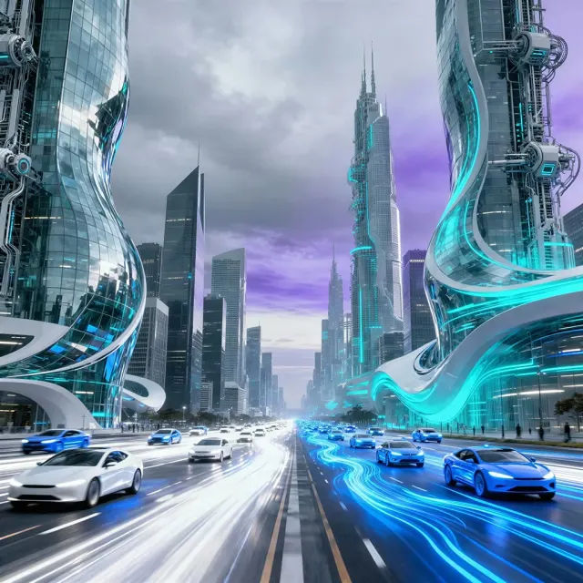 AI-generated futuristic city skyline with neon blue highways and flowing traffic