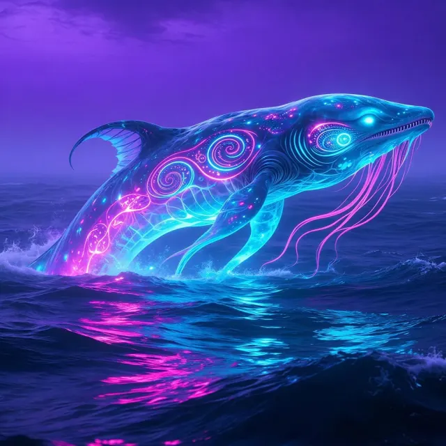 AI-generated mystical glowing neon whale with cosmic spiral patterns breaching the ocean