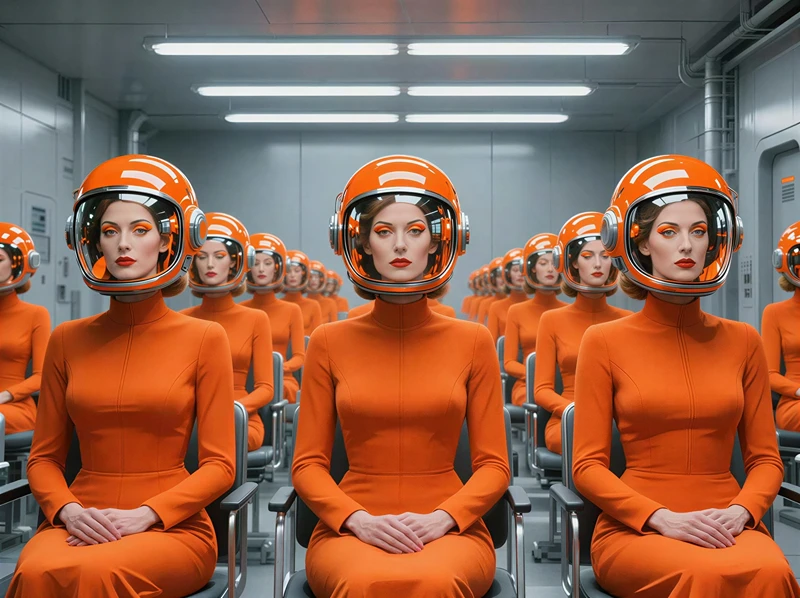 Women in orange uniforms wearing helmets seated in a retro futuristic training room