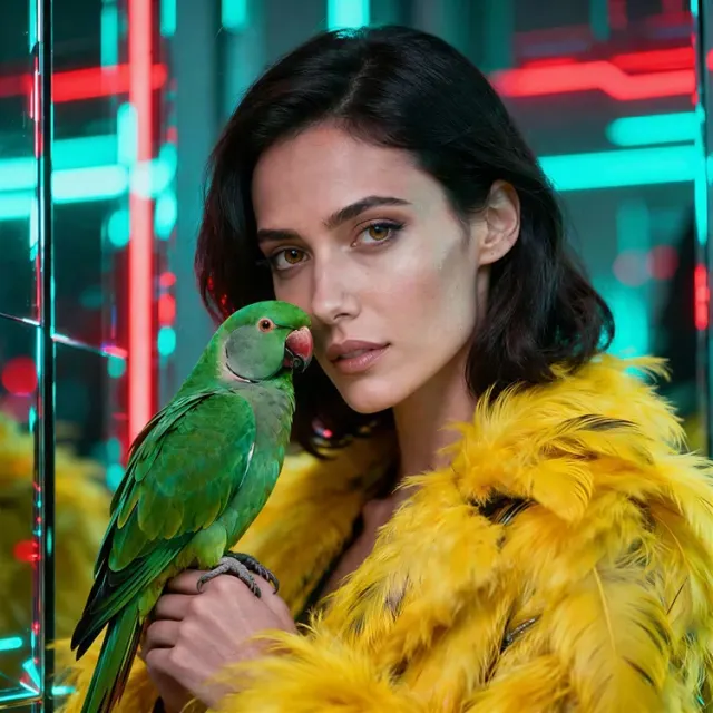 AI-generated neon fashion portrait of a woman with a green parrot