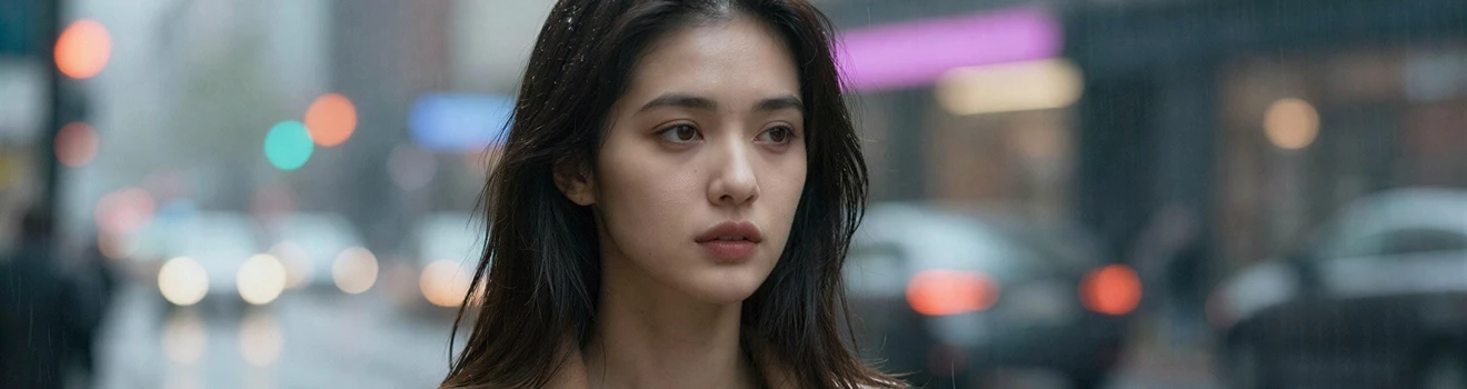 Ultra-realistic portrait of a young woman standing in light rain in a city street, raindrops visible on her coat and hair, soft neon reflections behind her, cinematic lighting, shallow depth of field, 85mm lens portrait photography, square composition
