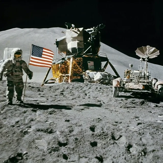AI video generator example of an Apollo moon landing scene