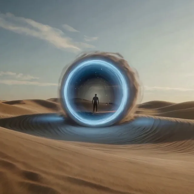 AI video generator example of a glowing sci-fi portal in the desert