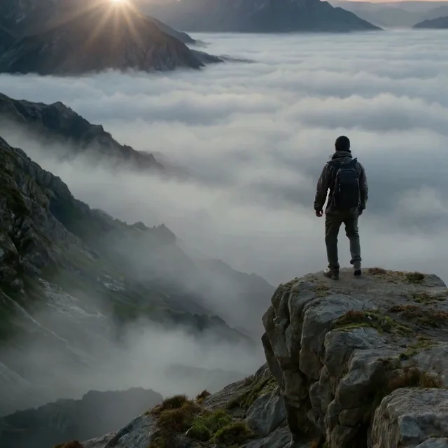 AI video generator example of a hiker above a misty mountain valley at sunrise