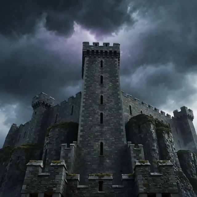 AI video generator example of a stormy cinematic castle scene