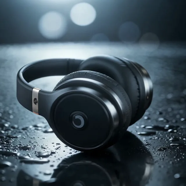 AI video generator example of wireless headphones on a wet reflective surface